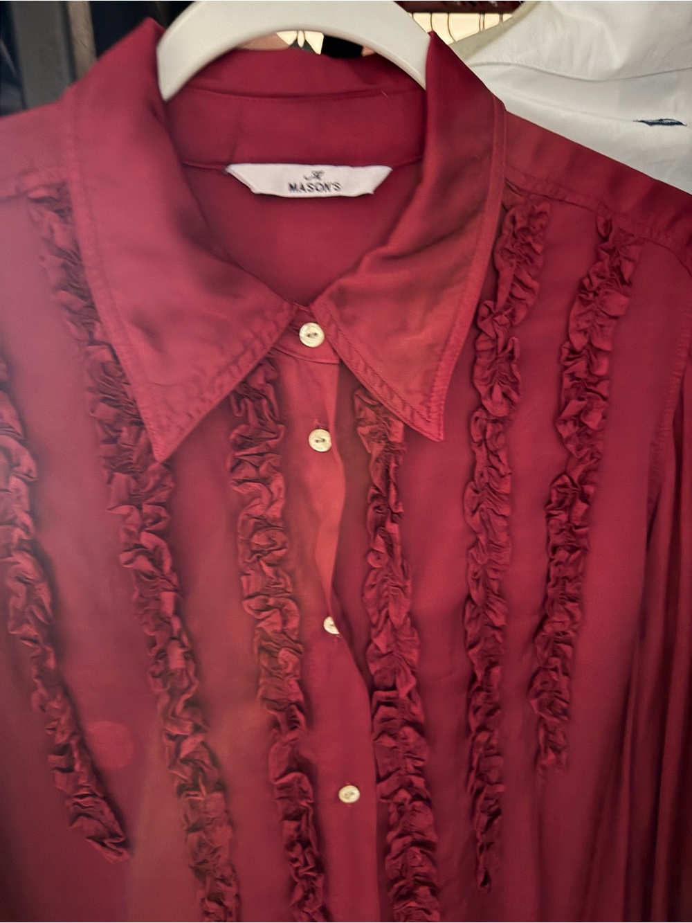 Vibrant Magenta Ruffled Front Button-Up Satin Blouse, US 8/ EU 44
